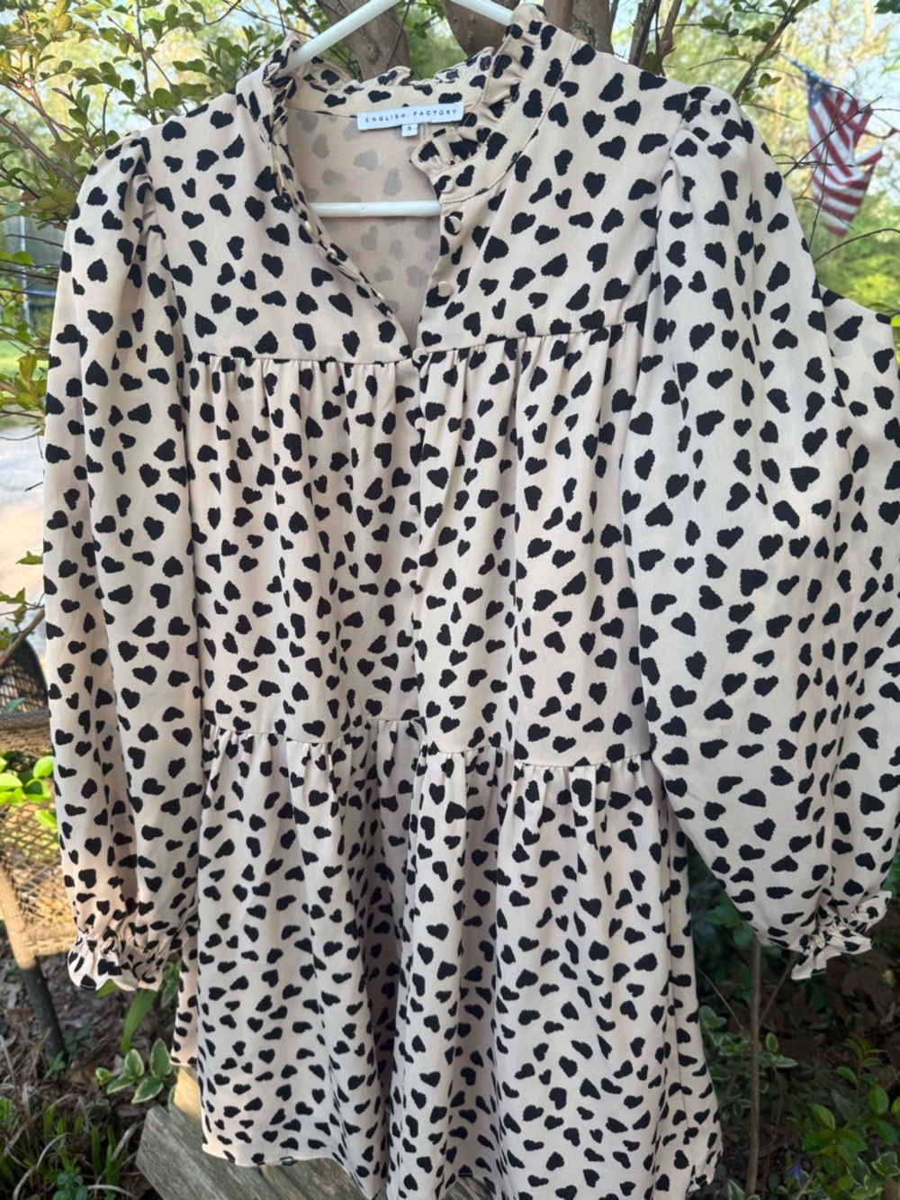 English Factory Beige Dress with Black Spot Print - Long Sleeve Tiered